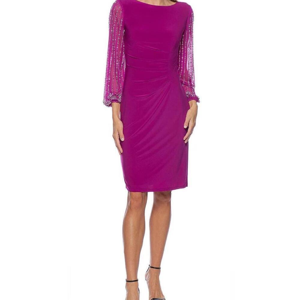 Marina Beaded Mesh Long Sleeve Side Drape Dress Size 8